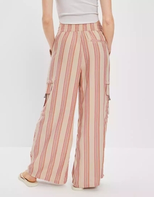 Pantalon American Eagle AE Super High-Waisted Rayé Cargo Larges-Leg Rose Clair Femme | OKH-69216141